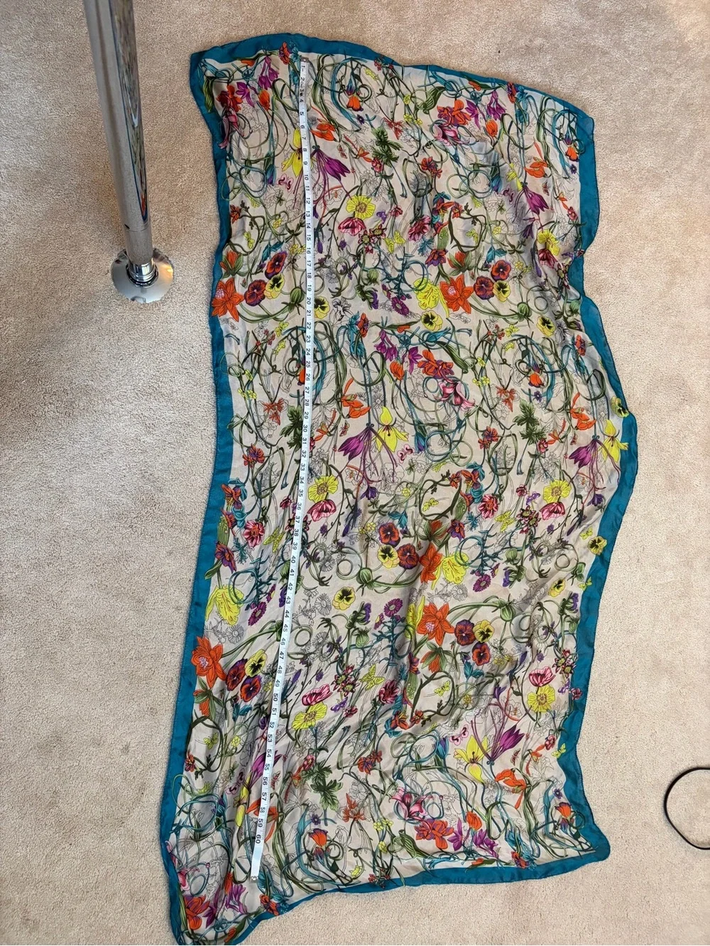 Floral Lightweight Botanical Scarf in Teal Trim vintage silk